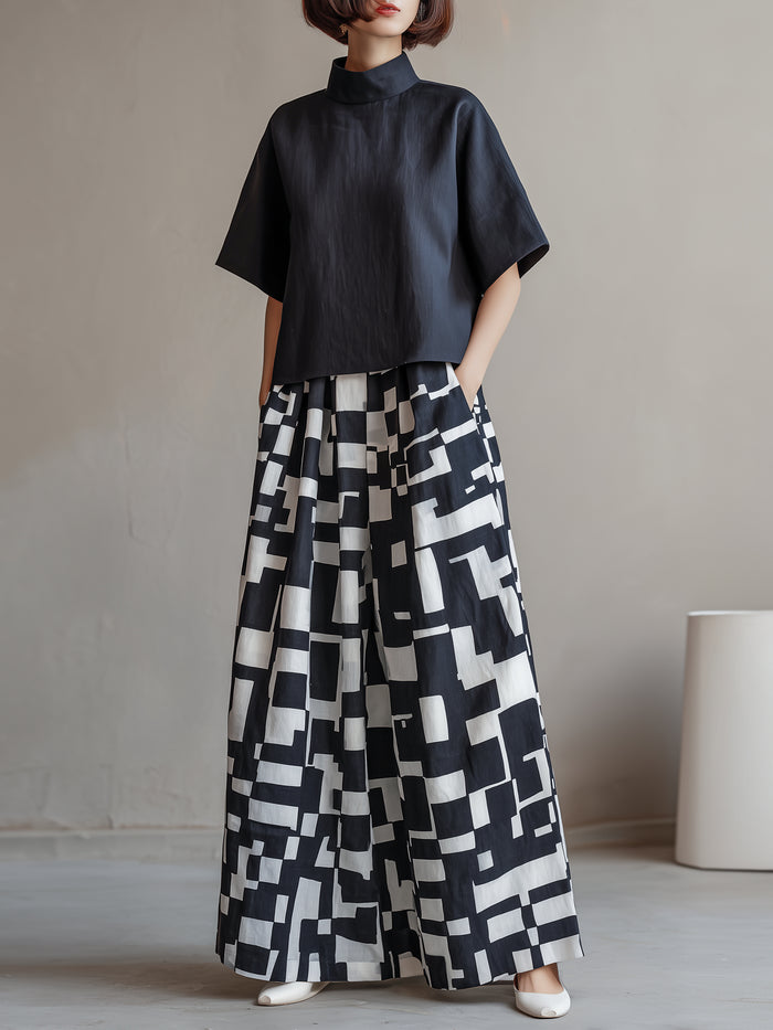 High-Neck Top & Abstract Print Wide-Leg Skirt Set