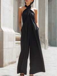 Twisted Halter Neck Wide-Leg Draped Jumpsuit