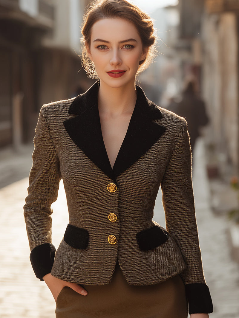 Gold-Button Fine Check Velvet Piping Blazer