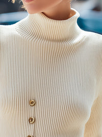 Cream Ribbed Knit Buttoned Turtleneck Top