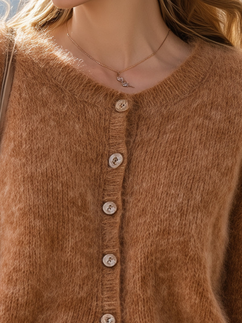 Caramel Fluffy Button-Up Knit Cardigan