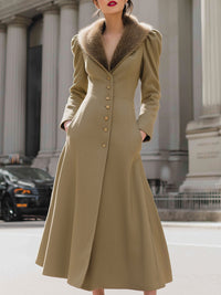 Wool Long Coat Dress With Fur Collar