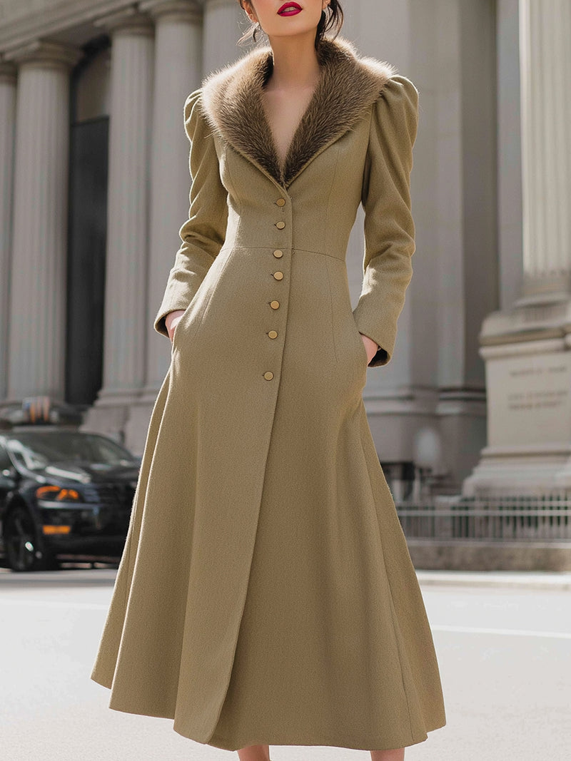 Wool Long Coat Dress With Fur Collar