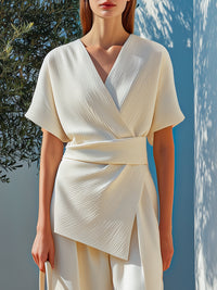 Wrap-Front Textured Top & Wide-Leg Pants Elegant Set