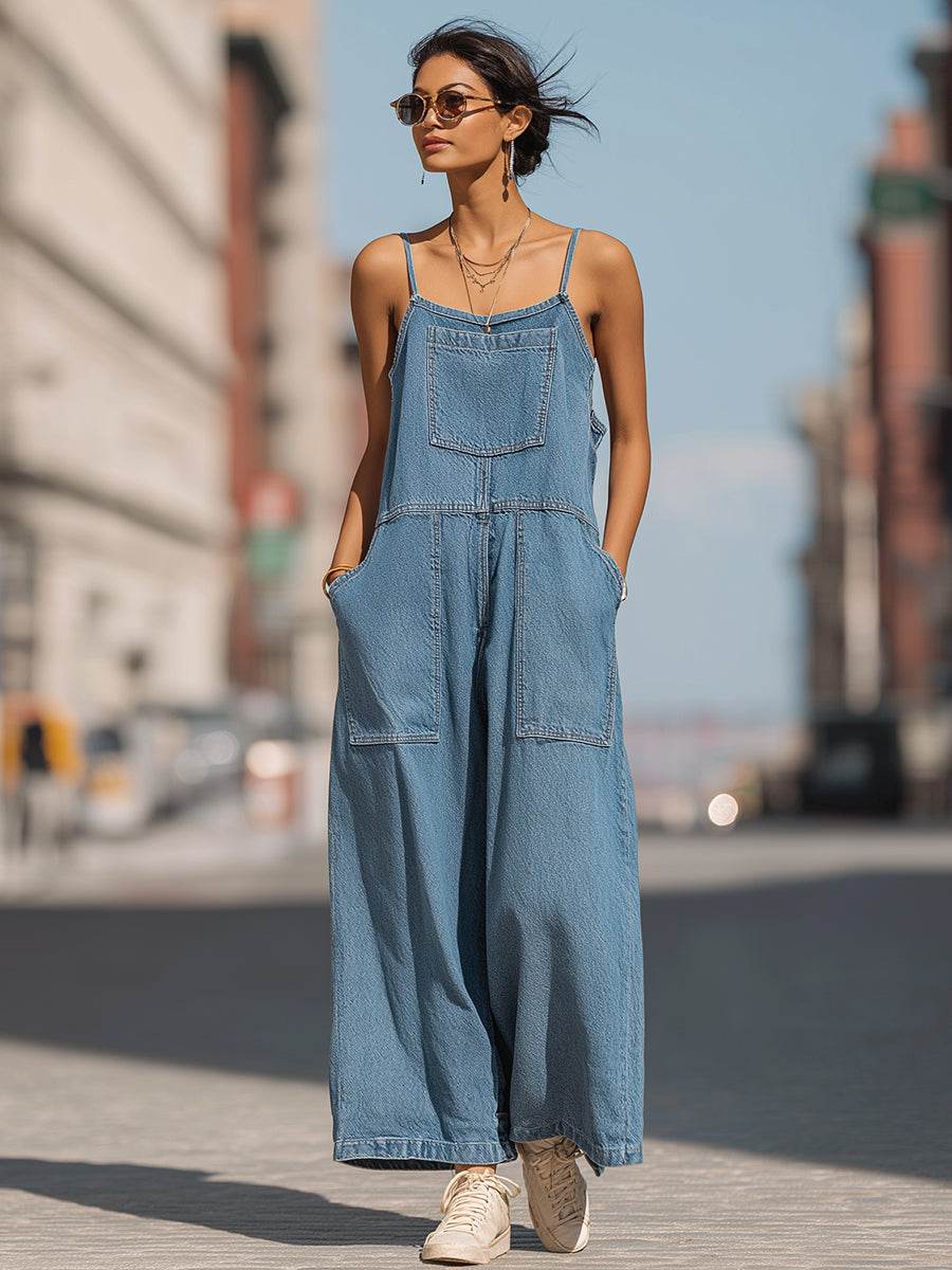 Denim Wide-Leg Pocket Cami Jumpsuit