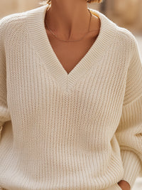 Cozy Ivory V-Neck Knit Sweater
