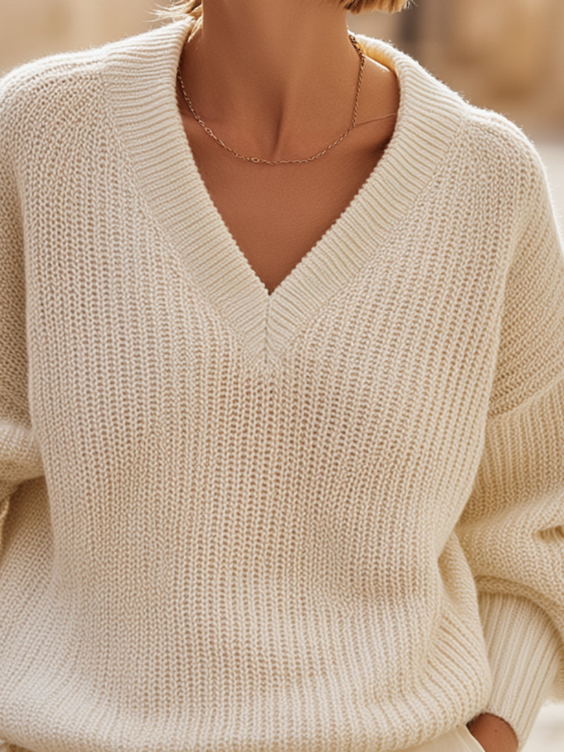 Cozy Ivory V-Neck Knit Sweater