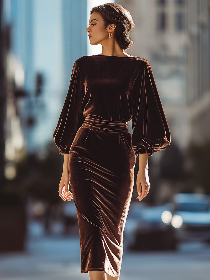 Mocha Velvet Draped Midi Dress