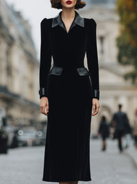 Black Velvet Midi Dress With Leather Accents