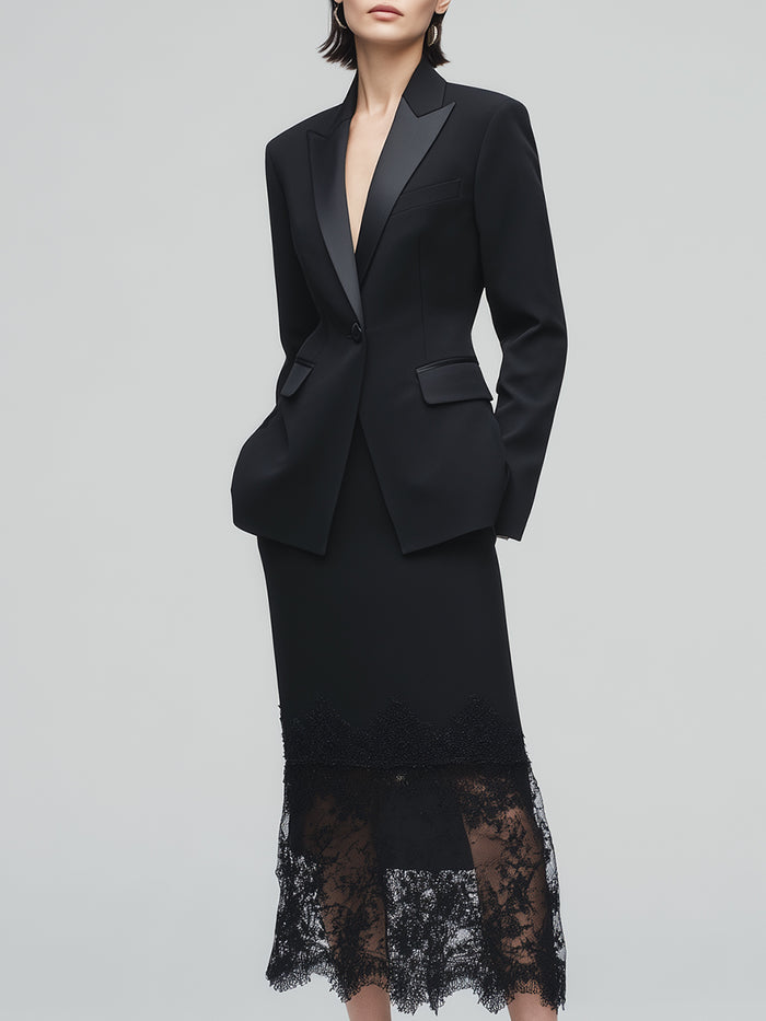 Satin-Lapel Blazer And Lace Hem Skirt Set