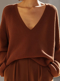 Chestnut V-Neck Knit Top And Wide-Leg Pants Set