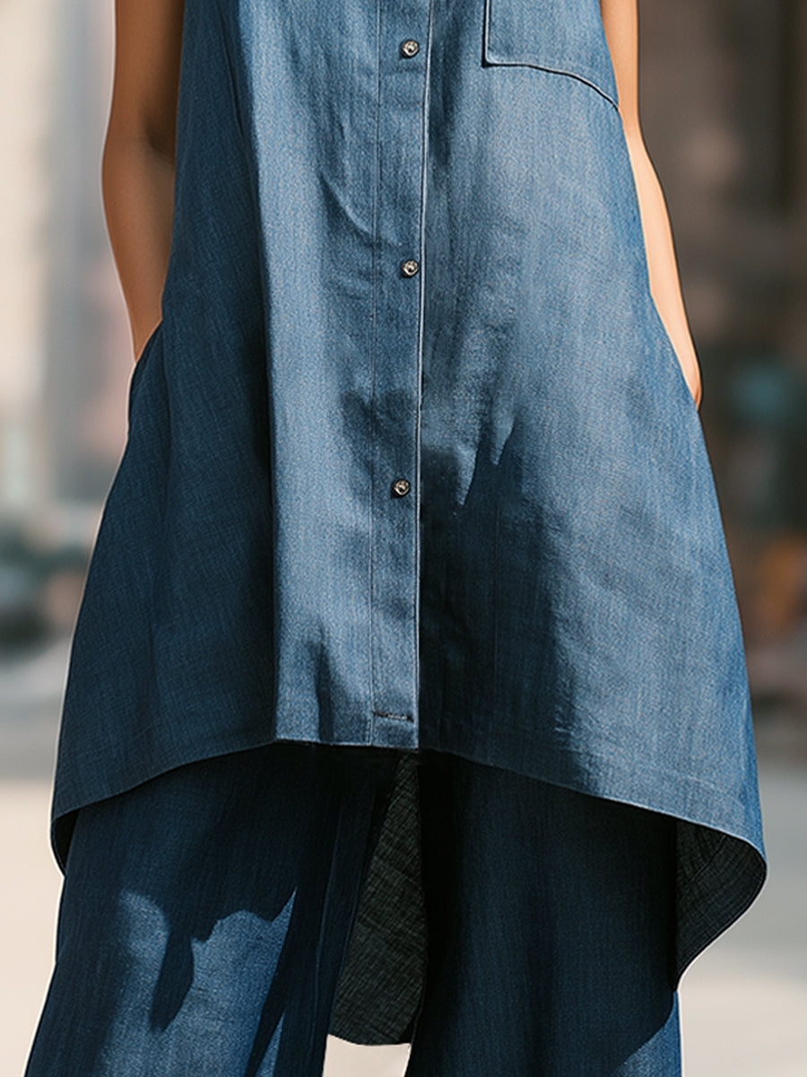 Minimalist Sleeveless Button-Up Denim Jacket