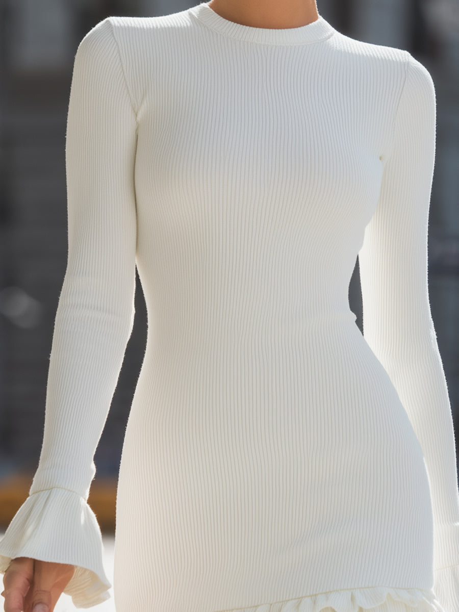 White Ribbed Ruffle-Trim Bodycon Dress