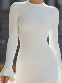 White Ribbed Ruffle-Trim Bodycon Dress