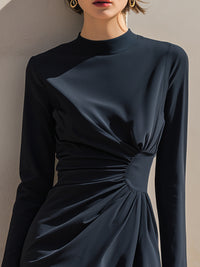 Navy Draped Long-Sleeve Midi Dress With Sculpted Waist
