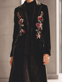 Black Velvet Embroidered Long Coat