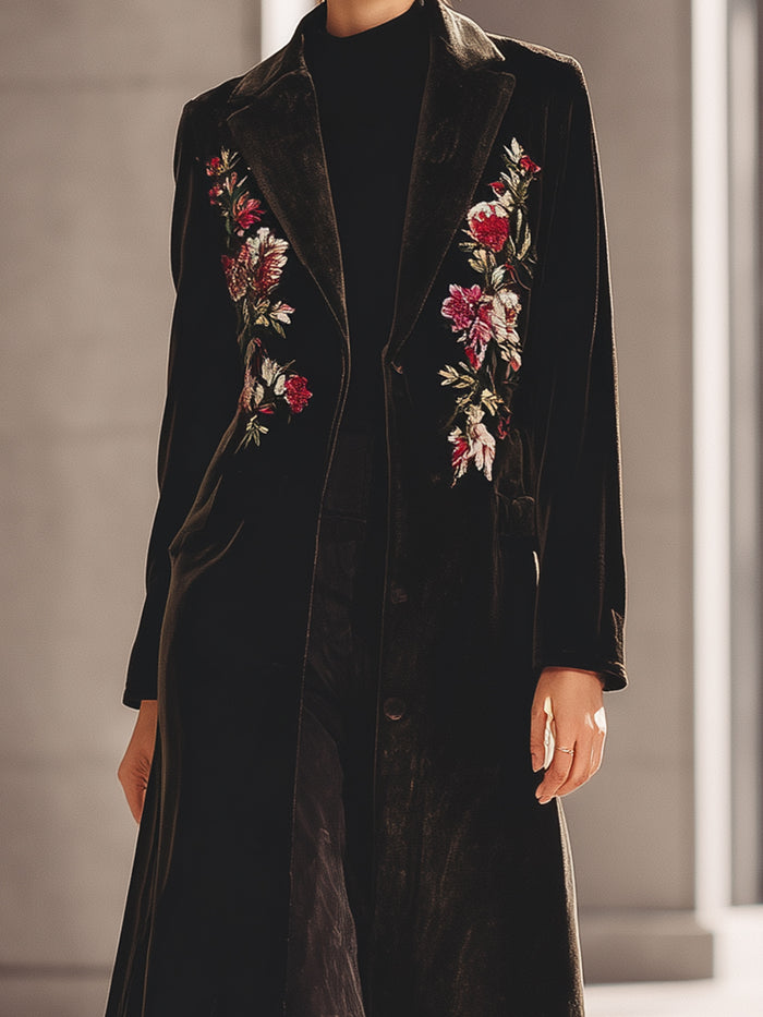 Black Velvet Embroidered Long Coat