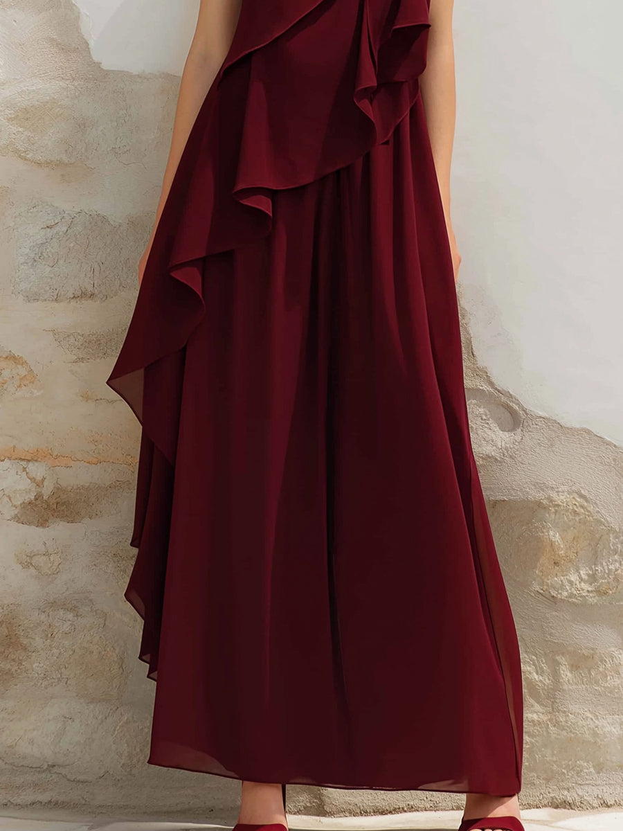 Elegant One-Shoulder Ruffle Chiffon Maxi Dress