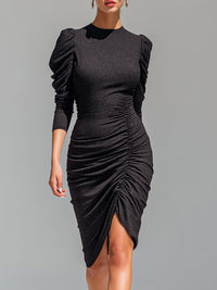 Ruched Asymmetric Puff-Sleeve Midi Dress