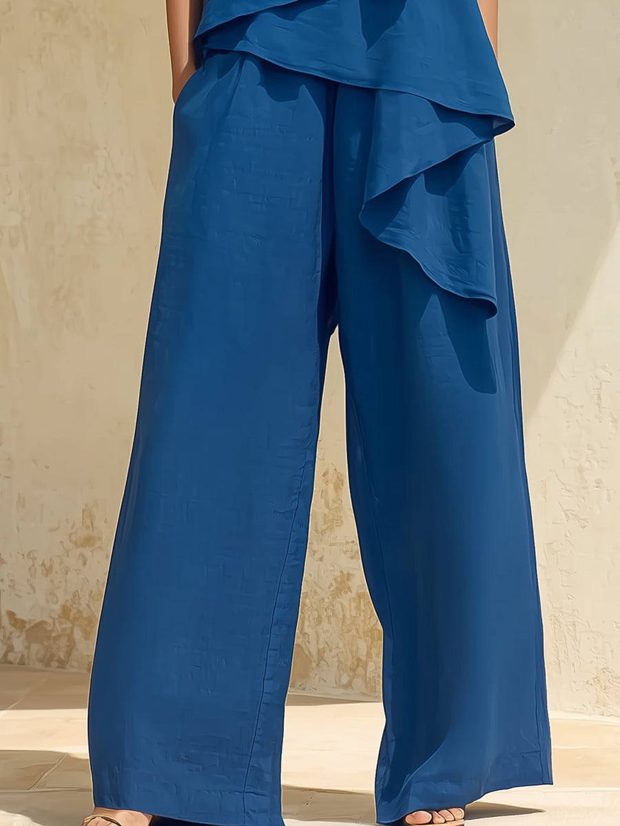 Draped Halter Top & Wide-Leg Pants Elegant Set