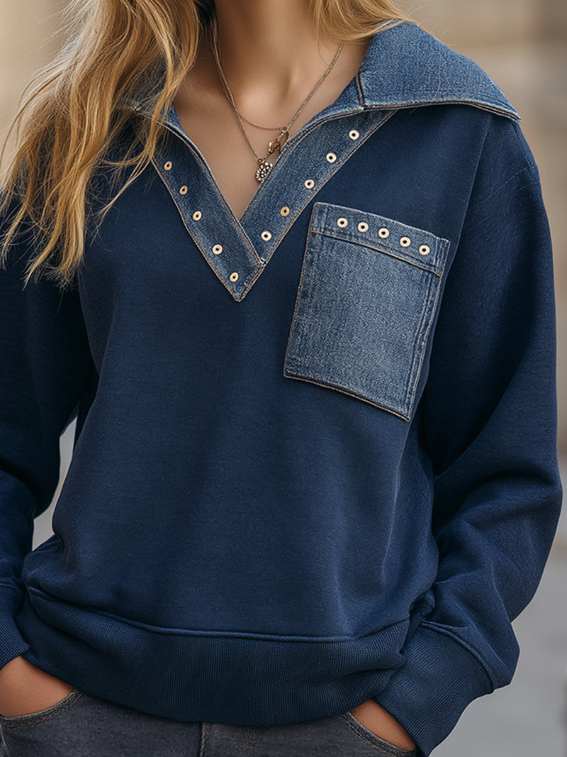 Denim-Trimmed V-Neck Pullover Sweatshirt