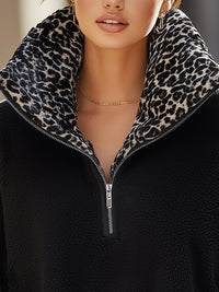 Black Polar Fleece Cardigan Jacket With Leopard Print Collar