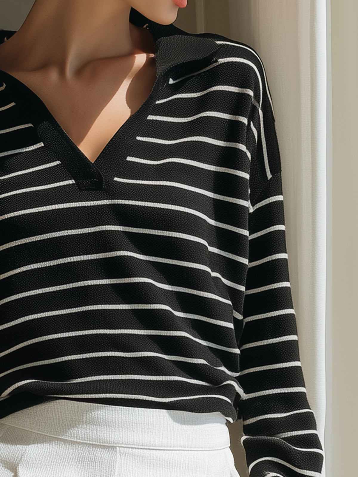Striped V-Neck Knit Top With Relaxed Silhouette