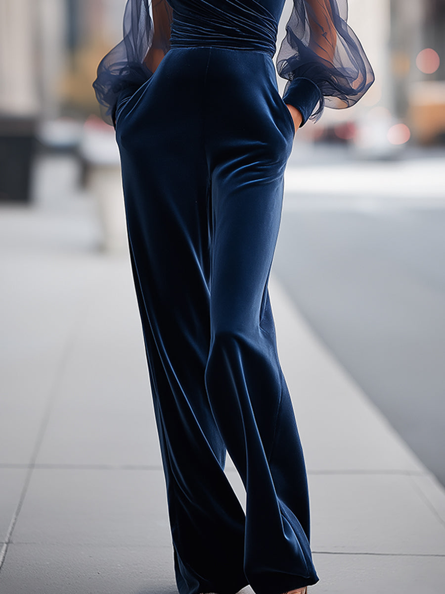 Elegant Deep V Velvet Jumpsuit With Sheer Bishop Sleeves