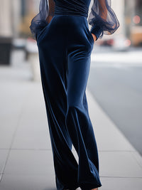 Elegant Deep V Velvet Jumpsuit With Sheer Bishop Sleeves