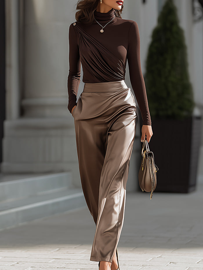 Draped Asymmetry Top with Satin Wide-Leg Trousers Two-piece Suit
