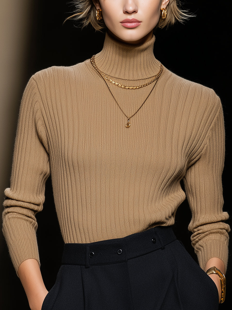 Camel Wide Striped Turtleneck Sweater