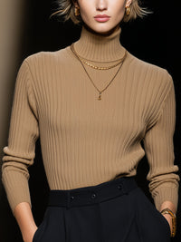 Camel Wide Striped Turtleneck Sweater