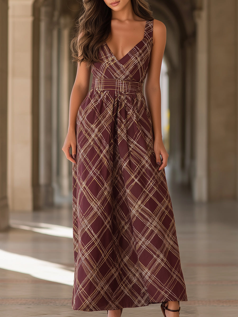 V-Neck Plaid Sleeveless Maxi Dress