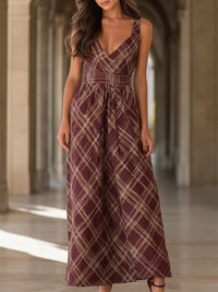 V-Neck Plaid Sleeveless Maxi Dress