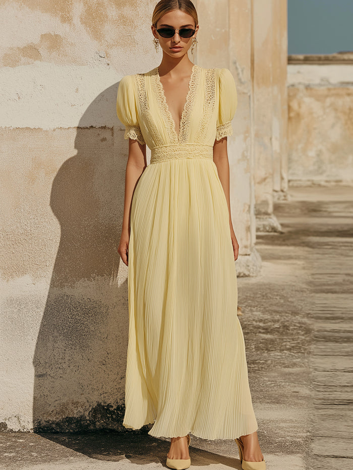 Women’s Elegant Lace Trim Pleated Maxi Dress – Vintage-Inspired Yellow Deep V Long Dress