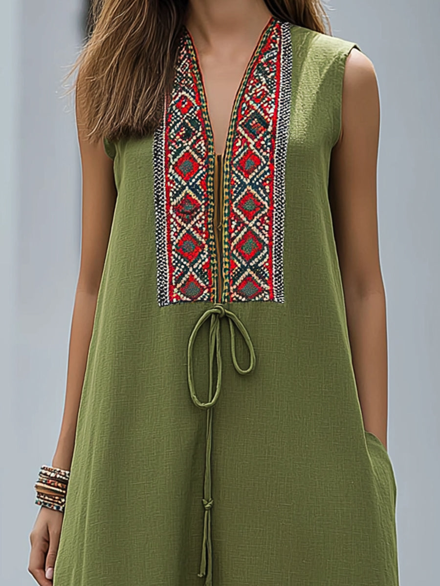 Embroidered Placket Sleeveless Drawstring Midi Dress