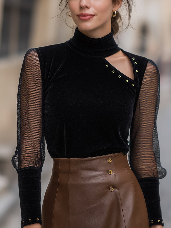 Black Velvet Mesh Sleeve Top With Asymmetric Cutout