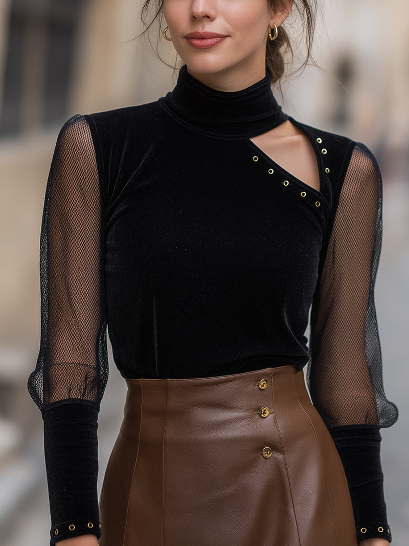 Black Velvet Mesh Sleeve Top With Asymmetric Cutout