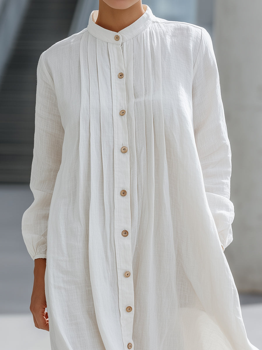 Pintuck Button-Front Linen Maxi Shirt Dress