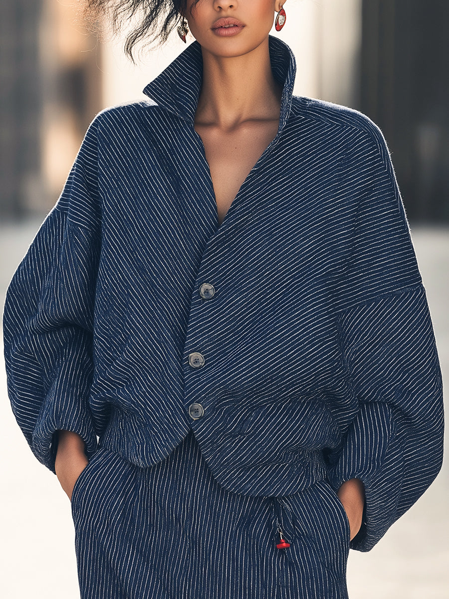 Navy Striped Textured Oversized Jacket