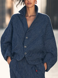 Navy Striped Textured Oversized Jacket