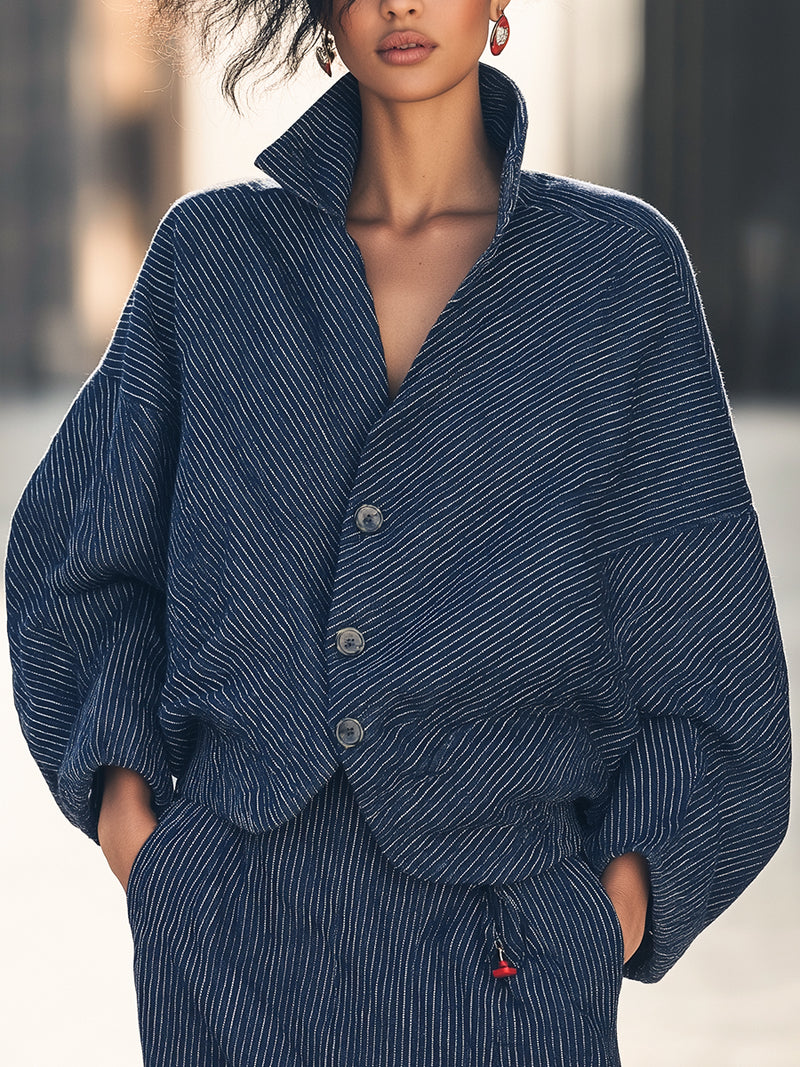 Navy Striped Textured Oversized Jacket