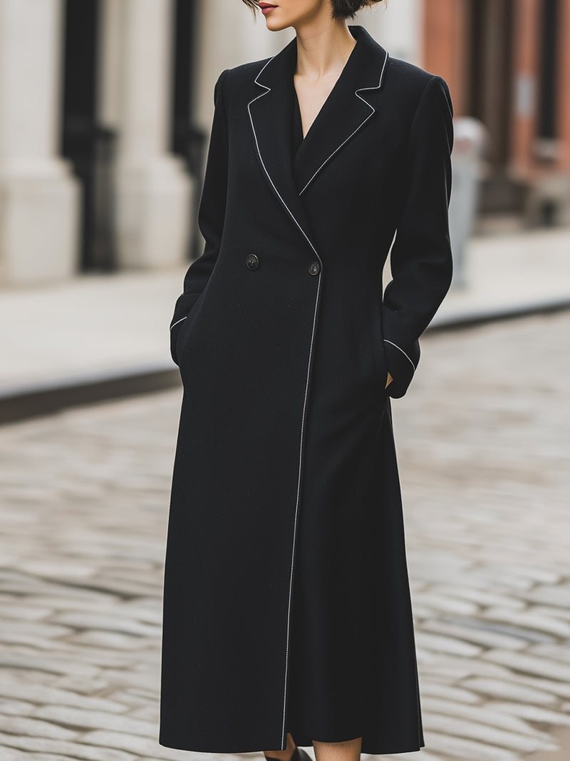 Black Longline Coat With White Piping Trim