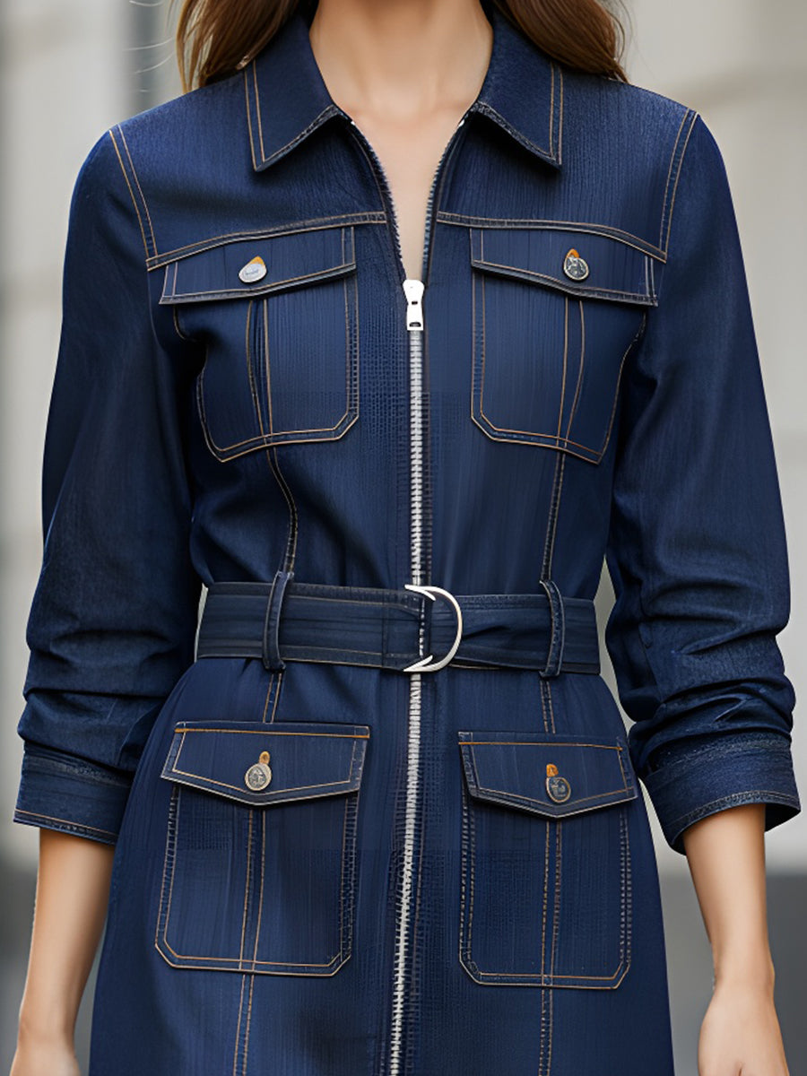 Navy Belted Denim Utility Dress