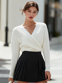 White Wrap Knit Sweater And Black Pleated Mini Skirt Set