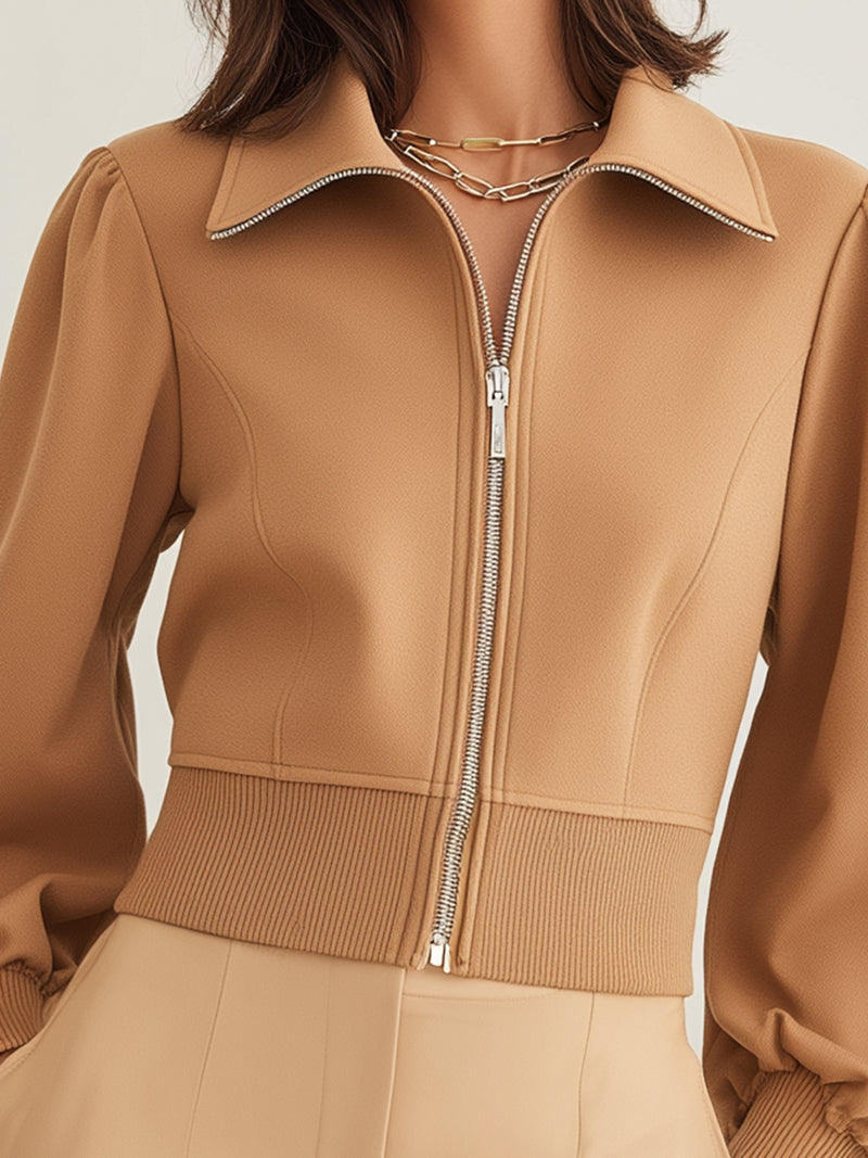 Camel Puff-Sleeve Zip-Up Jacket