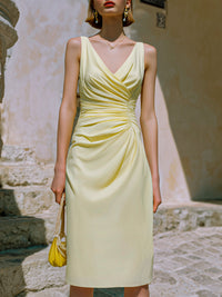 Sleeveless Ruched V-Neck Midi Dress