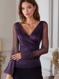 Himmer Mesh Wrap-Front V-Neck Flare-Cuff Top