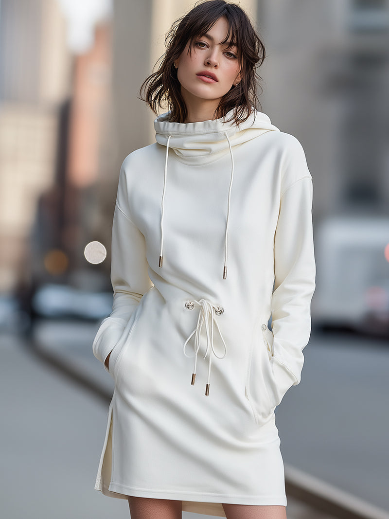 Relaxed Fit Hooded Mini Dress In Soft White