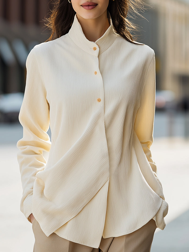 Elegant Cream Button-Up Shirt With Subtle Pleats